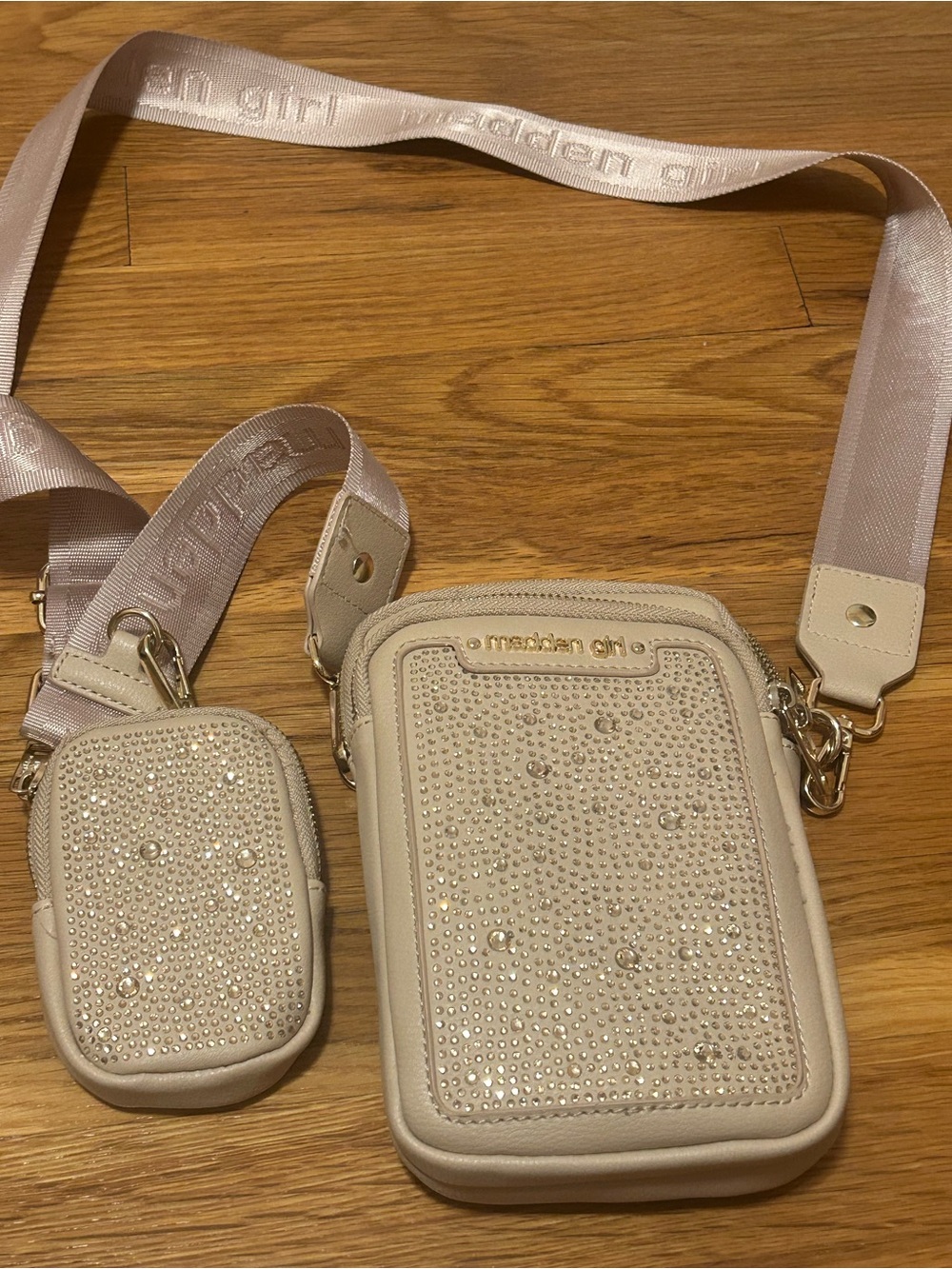 Madden Girl Blush Beige Rhinestone Crossbody with Detachable Mini Pouch